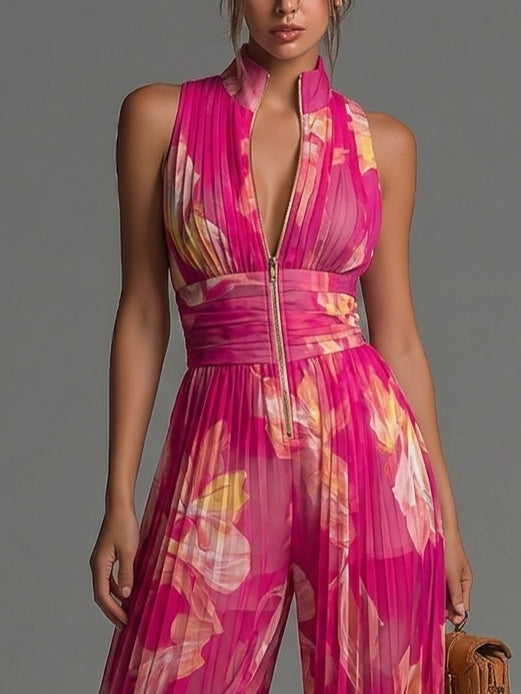 Madelen | Mono de chifón plisado con estampado floral fucsia