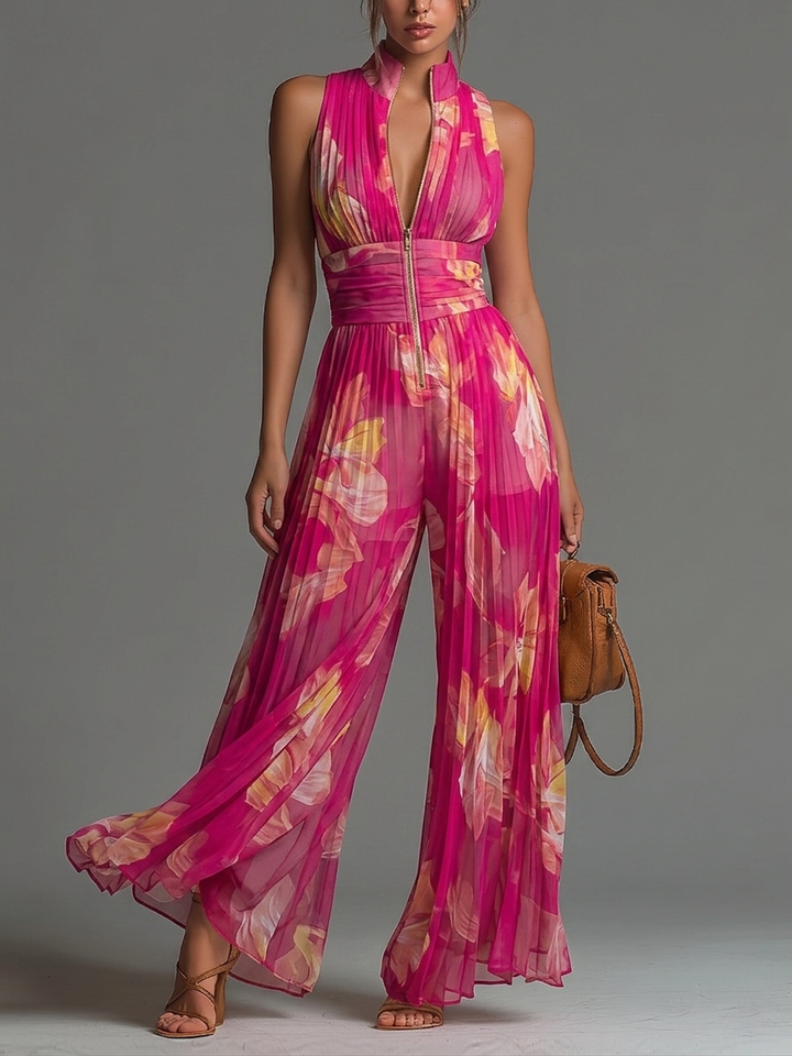Madelen | Mono de chifón plisado con estampado floral fucsia