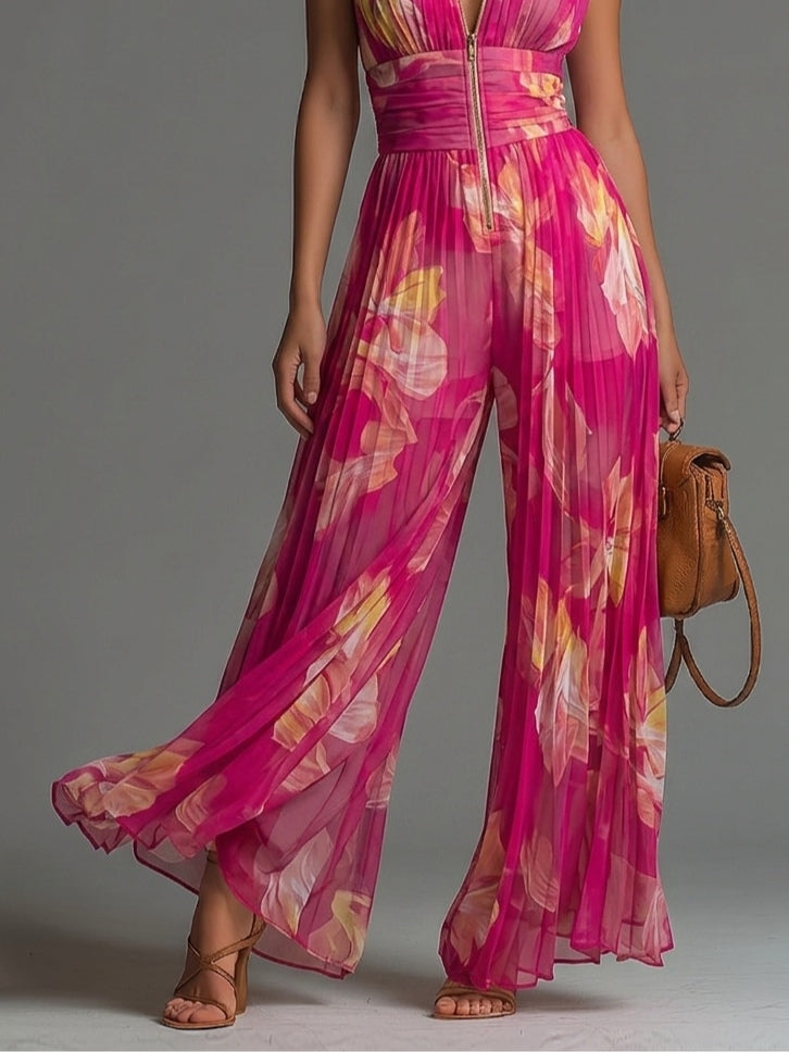 Madelen | Mono de chifón plisado con estampado floral fucsia