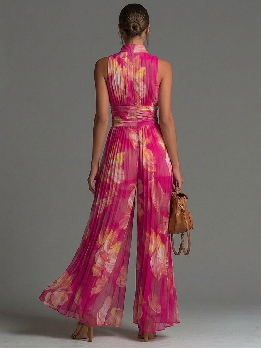 Madelen | Mono de chifón plisado con estampado floral fucsia